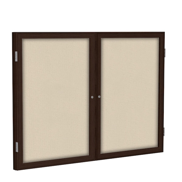 Enclosed Bulletin Board, 2 Door, Fabric, Walnut Frame, 3 ft H x 4 ft W, Beige